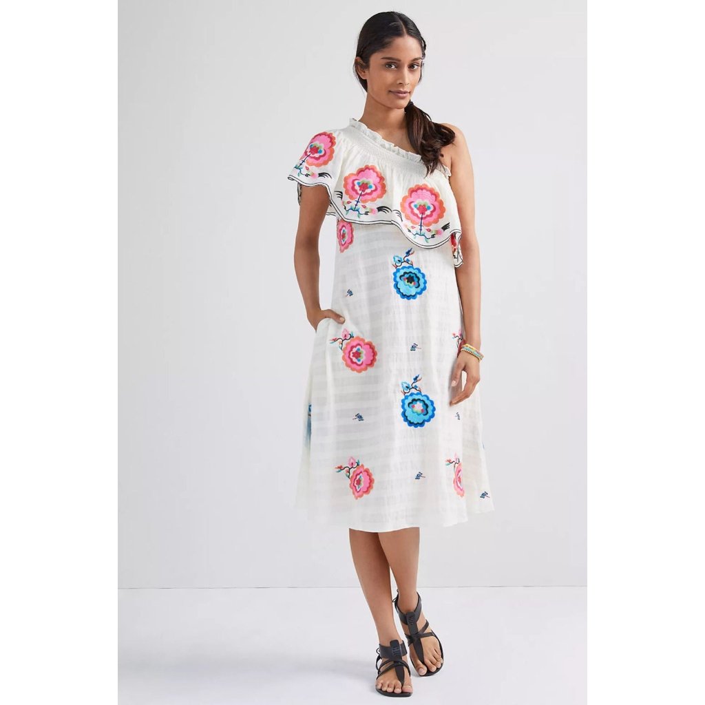 New Sz S Small Plenty By Tracy Reese Embroidered Floral One-Shoulder Maxi Dress
